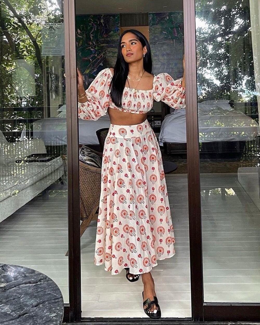 Malie Organic Cotton Dolce White Pink Print Midi Skirt UK 10 US 6